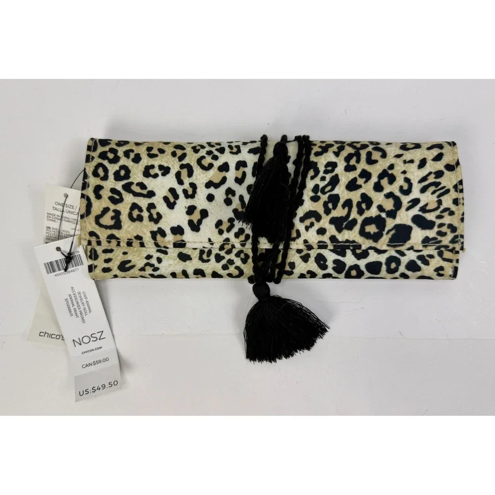 Chicos Leopard Print Jewelry Roll Travel Organizer Case Tassel Tie NWT